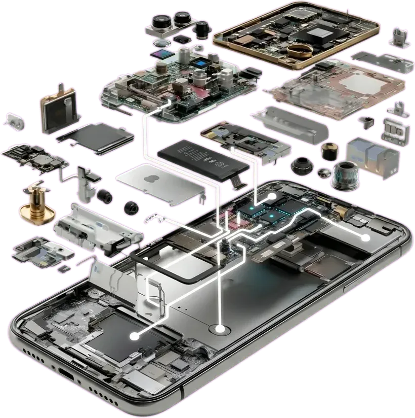 Celular desarmado: cada pieza unida con una línea al lugar donde se monta dentro del teléfono.